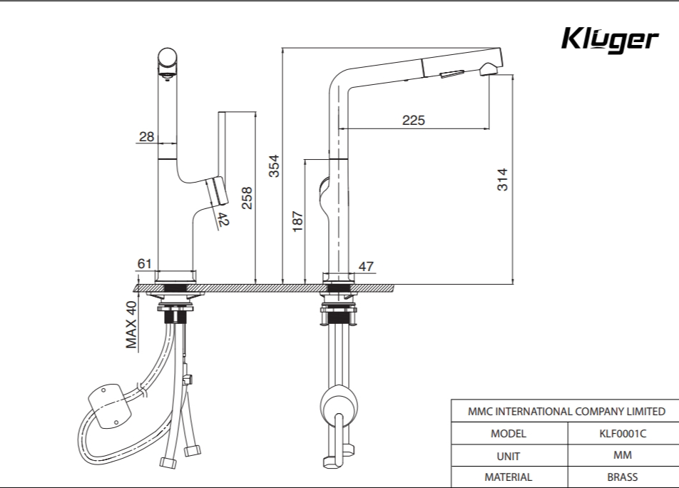 Bản vẽ vòi rửa bát dây rút Kluger AMBER KLF0001C