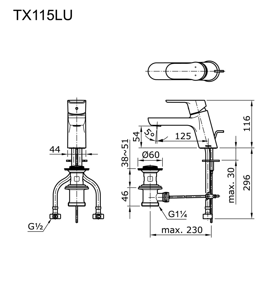 Bản vẽ kỹ thuật vòi lavabo TOTO TX115LU